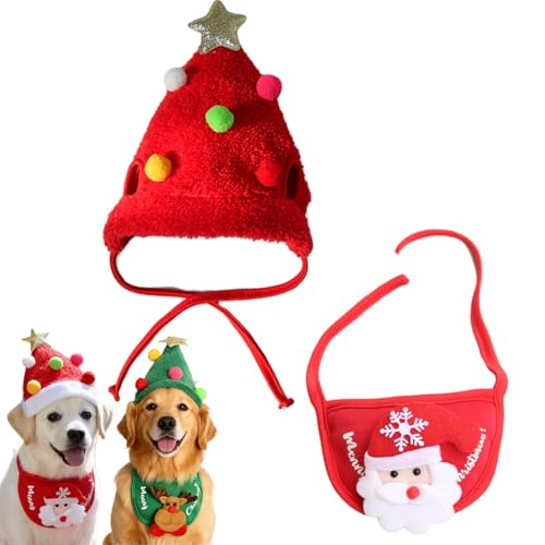 Argumub Entzückende Weihnachtsbaum-Pompon-Mütze, Weihnachtsmannkostüm Für Hunde, Verstellbare Weihnachtsmütze Und Lätzchen-Set Für Haustiere Für Festivals, Partys, Fotos (Rot, S) von Argumub