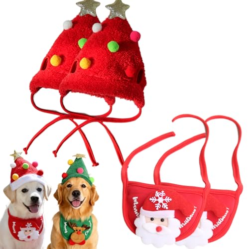 Argumub Entzückende Weihnachtsbaum-Pompon-Mütze, Weihnachtsmannkostüm Für Hunde, Verstellbare Weihnachtsmütze Und Lätzchen-Set Für Haustiere Für Festivals, Partys, Fotos (Rot, S+L) von Argumub
