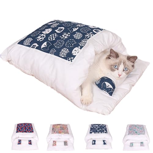 Argumub Orthopädischer Katzenschlafsack Katzenbett Katzenschlafsack Flauschig Warmer Abnehmbare Waschbare Kleines Haustierbett Für Katzen Hunde (L, Blue Cat) von Argumub