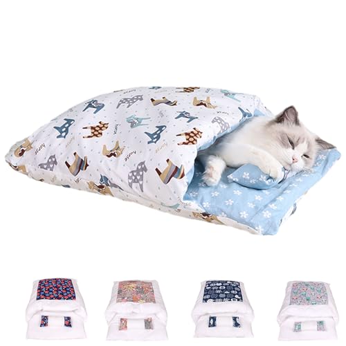 Argumub Orthopädischer Katzenschlafsack Katzenbett Katzenschlafsack Flauschig Warmer Abnehmbare Waschbare Kleines Haustierbett Für Katzen Hunde (L, Blue Horse) von Argumub