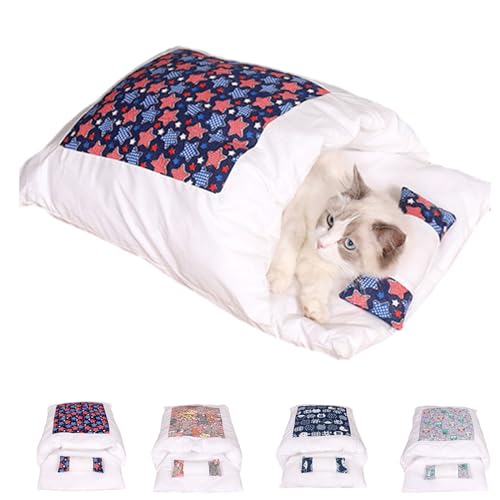 Argumub Orthopädischer Katzenschlafsack Katzenbett Katzenschlafsack Flauschig Warmer Abnehmbare Waschbare Kleines Haustierbett Für Katzen Hunde (L, Dark Blue Stars) von Argumub