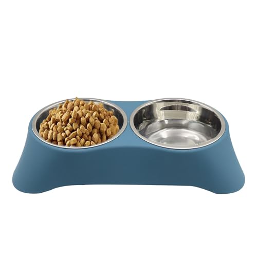 Arightmu 2-in-1 Futternapf aus Edelstahl | Rutschfester geneigter Katzen-Hundenapf mit Anti-Rutsch-Pad | Doppelnapf für Kätzchen, Welpen, Kaninchen, Kleintiere (Dunkelblau, Klein) von Arightmu
