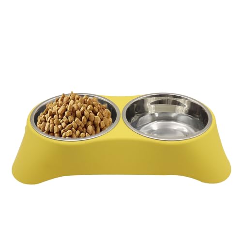 Arightmu 2-in-1 Futternapf aus Edelstahl | Rutschfester geneigter Katzen-Hundenapf mit Anti-Rutsch-Pad | Doppelnapf für Kätzchen, Welpen, Kaninchen & Kleintiere (Gelb, Medium) von Arightmu