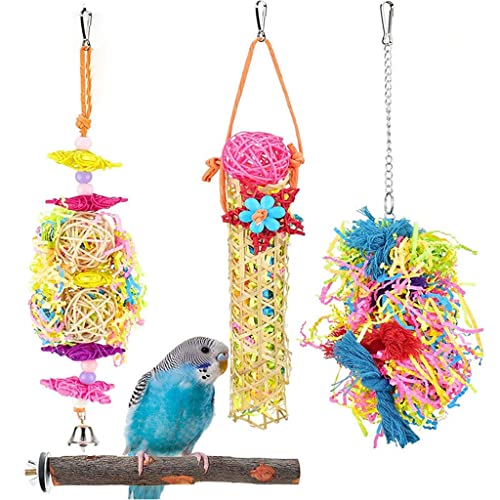 ArinkO 4-teiliges Vogelspielzeug-Set: Papageiensitzstangen, hängendes gewebtes Käfigzubehör und Futterschaukel mit Rattanball von ArinkO