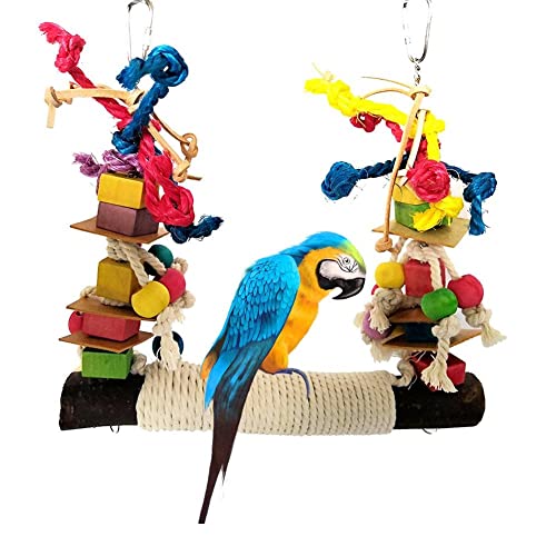 ArinkO Buntes Papageienspielzeug aus Holz und Leder: Großer Beißbarsch mit Bausteinen und Baumwollseilschaukel von ArinkO