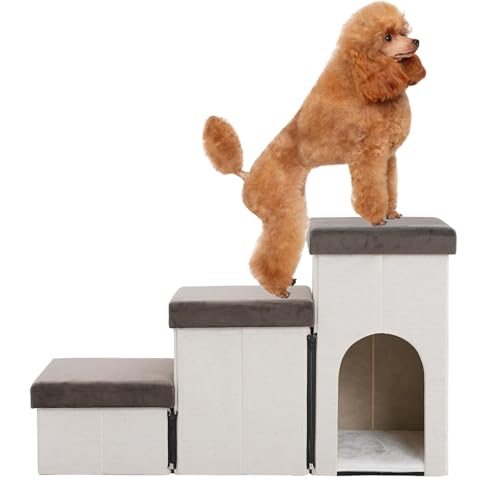 Arkyomi 3 Stufen hundetreppe für kleine Hunde hundetreppe mit stauraum für Bett Sofa 60cm hoch katzentreppe für alte Katzen Schwamm haustiertreppe beige von Arkyomi