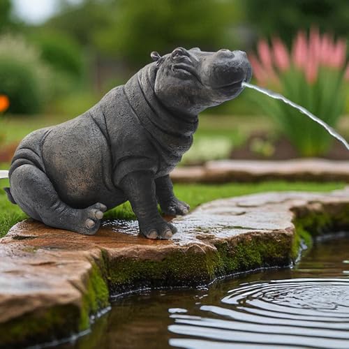 Solar Wasserspeier Hippo – Teichfigur mit Solarpumpe & Wasserspiel – Gartenfigur Gartendeko aus Polyresin sehr realistisch – Solarbrunnen für Gartenteich & Wasserlauf (Nilpferd 34x20,5x23,5 cm) von Arnusa