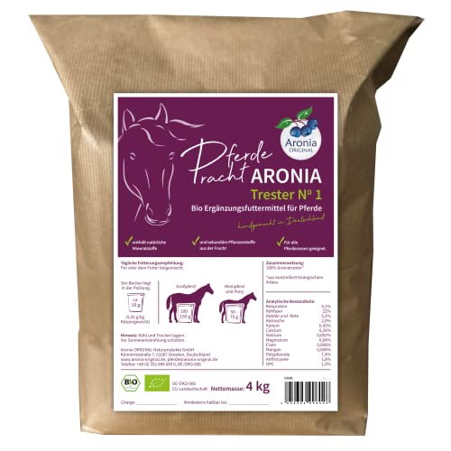 Aronia ORIGINAL Bio Aroniatrester Pur Nr. 1 für Pferde 4 kg - 100% Biologisch, Gesunde Haut & Vitalität, Ergänzungsfutter für alle Rassen, Handgemacht in Deutschland, Ohne Zusatzstoffe von Aronia Original