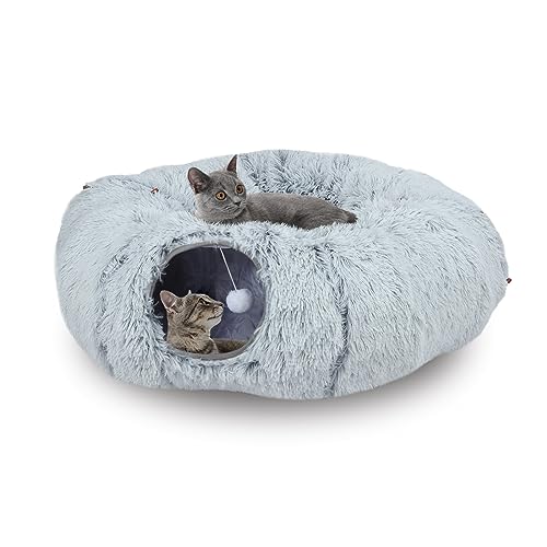 Arquiel Katzentunnel Mit Katzenbett, PlüSch Erweiterbar Multifunktionales Katzenspielzeug Katzentunnelbett Mit HäNgenden Ball Und Guckloch FüR Indoor (Grau, Durchmesser: 85 x Höhe: 26 cm) von Arquiel