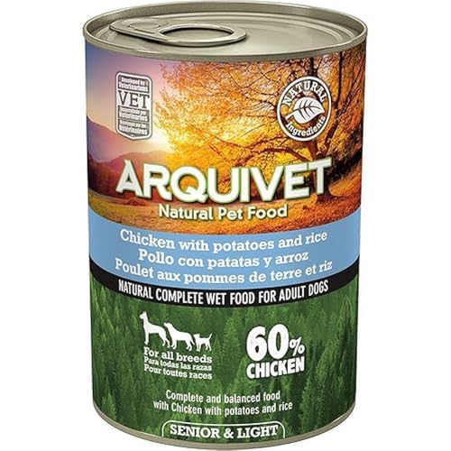 ARQUIVET Hühnerdosen mit Kartoffeln und Reis mit Lachsöl, 6 Stück x 400 g, Nassfutter für Hunde, für ältere Hunde, alle Arten von Rassen von Arquivet