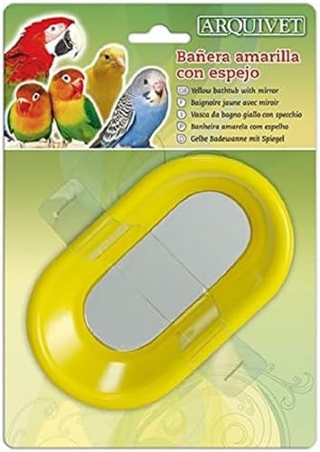 Arquivet Gelbe Vogelbadewanne mit Spiegel - 14,5 x 8,5 x 4,5 cm - Badewanne für Kanarienvögel, Wellensittiche und andere Vögel - Zubehör und Zubehör für Vogelkäfige von Arquivet