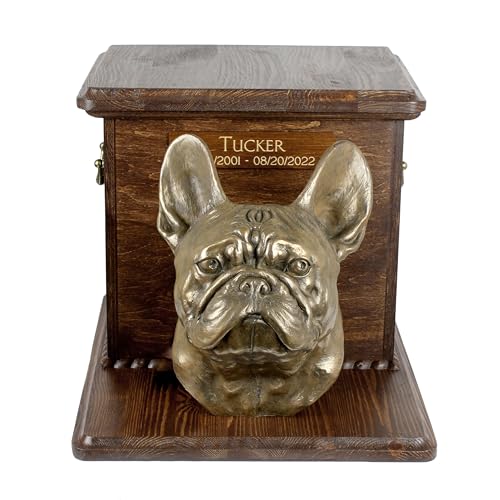 Art-Dog Big Urn for Horse Ashes - Handgemachtes Hölzernes Denkmal mit Kaltgegossener Bronzestatue - Pferde-Gedächtnisurne mit Skulptur - 9.4 x 7.3 x 8.9 - Französische Bulldogge von Art-Dog