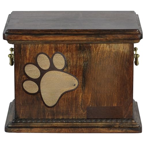 Art-Dog Custom Cat Memorial Urn - Handgefertigte Holzbox für Asche mit Keramikplatte - Katzen-Einäscherungsbox mit Details nach Wahl - 21x29x22 cm von Art-Dog