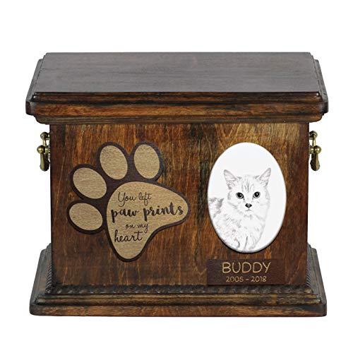 Art-Dog Custom Cat Memorial Urne - Handgefertigte Holzbox für Asche mit Keramikplatte - Katzenkremationsbox mit Details Ihrer Wahl - 8,3x11,4x8,7" - Munchkin-Katze von Art-Dog