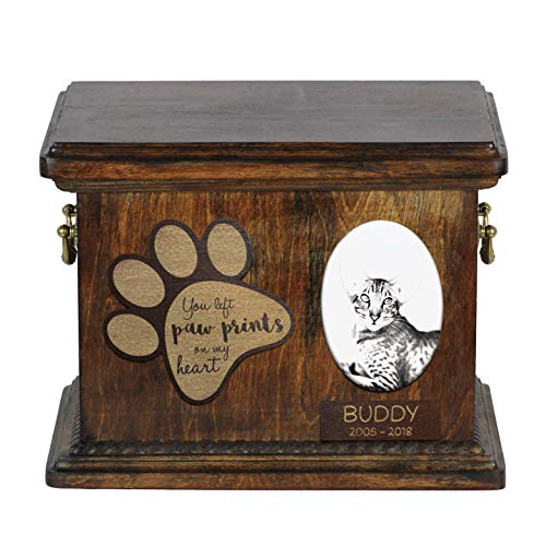 Art-Dog Custom Cat Memorial Urne - Handgefertigte Holzbox für Asche mit Keramikplatte - Katzenkremationsbox mit Details Ihrer Wahl - 8,3x11,4x8,7" - Orientalische Katze von Art-Dog