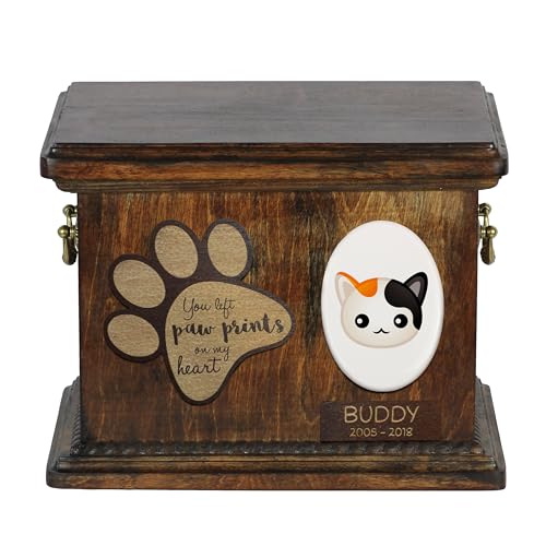 Art-Dog Custom Cat Memorial Urne - Handgefertigte Holzkiste mit Keramikplatte - personalisierte Katze Kremation Box - geometrisches Design - 8,3x11,4x8,7" - Japanischer Bobtail von Art-Dog