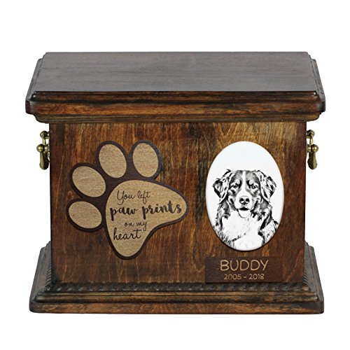 Art-Dog Custom Dog Memorial Urne - Handgefertigtes Bronzeportrait auf Birkensockel mit personalisiertem Keramikteller - Elegante Hundeeinäscherungsbox - 8,3x11,4x8,7" - Berner Sennenhund von Art-Dog