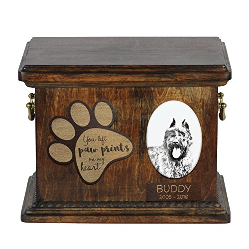 Art-Dog Custom Dog Memorial Urne - Handgefertigtes Bronzeportrait auf Birkensockel mit personalisiertem Keramikteller - Elegante Hundeeinäscherungsbox - 8,3x11,4x8,7" - Bouvier von Art-Dog