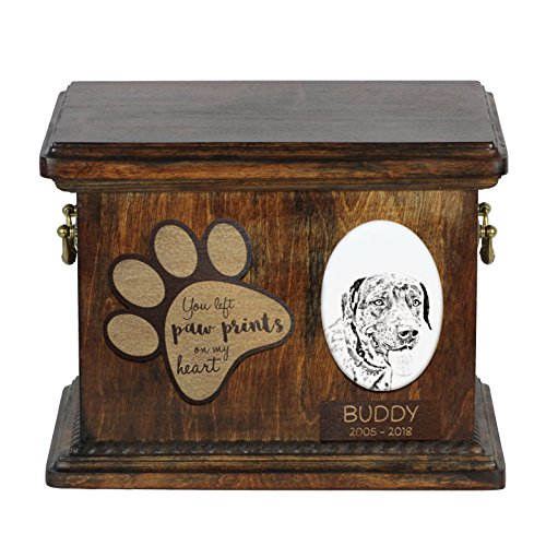 Art-Dog Custom Dog Memorial Urne - Handgefertigtes Bronzeportrait auf Birkensockel mit personalisiertem Keramikteller - Elegante Hundeeinäscherungsbox - 8,3x11,4x8,7" - Catahoula Cur von Art-Dog