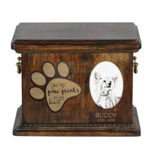 Art-Dog Custom Dog Memorial Urne - Handgefertigtes Bronzeportrait auf Birkensockel mit personalisiertem Keramikteller - Elegante Hundeeinäscherungsbox - 8,3x11,4x8,7" - Chinesischer Schopfhund von Art-Dog