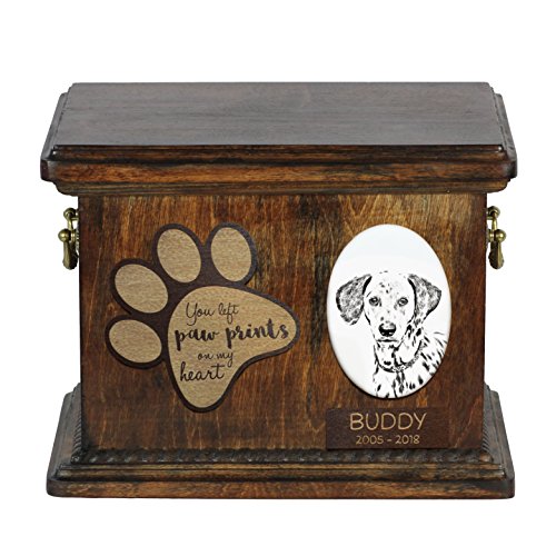 Art-Dog Custom Dog Memorial Urne - Handgefertigtes Bronzeportrait auf Birkensockel mit personalisiertem Keramikteller - Elegante Hundeeinäscherungsbox - 8,3x11,4x8,7" - Dalmatiner von Art-Dog