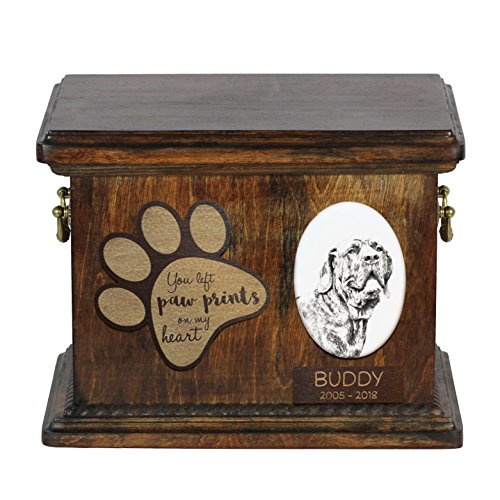 Art-Dog Custom Dog Memorial Urne - Handgefertigtes Bronzeportrait auf Birkensockel mit personalisiertem Keramikteller - Elegante Hundeeinäscherungsbox - 8,3x11,4x8,7" - Fila Brasileiro von Art-Dog