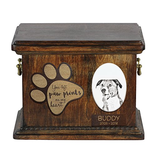 Art-Dog Custom Dog Memorial Urne - Handgefertigtes Bronzeportrait auf Birkensockel mit personalisiertem Keramikteller - Elegante Hundeeinäscherungsbox - 8,3x11,4x8,7" - Österreichischer Pinscher von Art-Dog