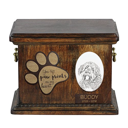 Art-Dog Custom Dog Memorial Urne - Handgefertigtes Bronzeportrait auf Birkensockel mit personalisiertem Keramikteller - Elegante Hundeeinäscherungsbox - 8,3x11,4x8,7" - Otterhund von Art-Dog