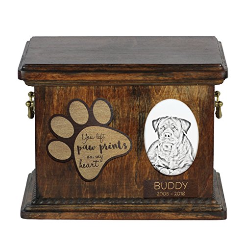 Art-Dog Custom Dog Memorial Urne - Handgefertigtes Bronzeportrait auf Birkensockel mit personalisiertem Keramikteller - Elegante Hundeeinäscherungsbox - 8,3x11,4x8,7" - Rottweiler von Art-Dog