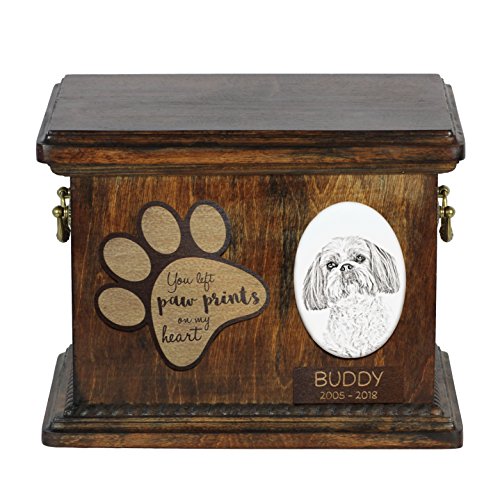 Art-Dog Custom Dog Memorial Urne - Handgefertigtes Bronzeportrait auf Birkensockel mit personalisiertem Keramikteller - Elegante Hundeeinäscherungsbox - 8,3x11,4x8,7" - Shih Tzu von Art-Dog