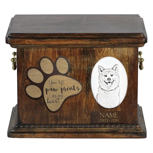Art-Dog Custom Dog Memorial Urne - Handgefertigtes Bronzeportrait auf Birkensockel mit personalisiertem Keramikteller - Elegante Hundeeinäscherungsbox - 8,3x11,4x8,7" von Art-Dog