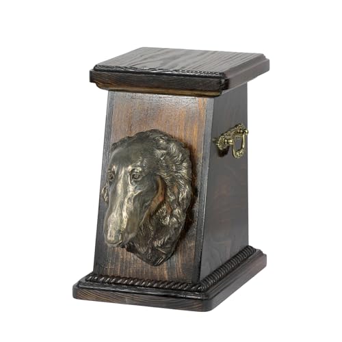 Art-Dog Custom Dog Memorial Urne - Handgemachte Memorial Box - Bronze Hundekopf auf Birke Basis - Custom Hundeeinäscherung Box - 19cmx32cmx30cm - Barsoi, Russischer Wolfshund von Art-Dog