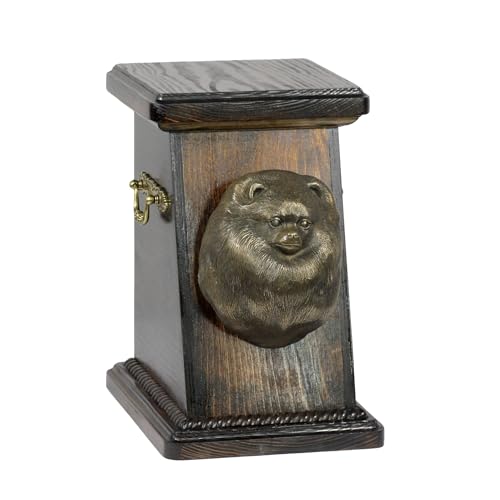 Art-Dog Custom Dog Memorial Urne - Handgemachte Memorial Box - Bronze Hundekopf auf Birke Basis - Custom Hundeeinäscherung Box - 19cmx32cmx30cm - Pommern von Art-Dog