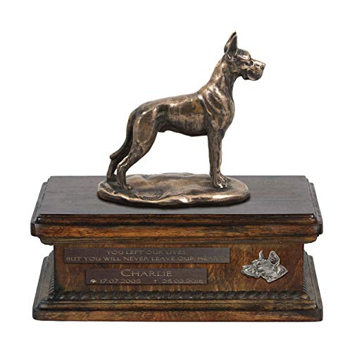 Art-Dog Custom Dog Sitting Statue Memorial Urn - Handmade Cold Cast Bronze on Birch Base – Sturdy and Stylish Urn for Dog’s Ashes – 8.3x11.4x8.7 – 5l – Deutsche Dogge von Art-Dog