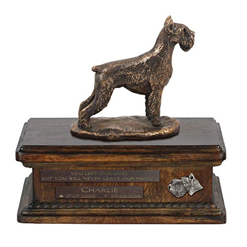 Art-Dog Custom Dog Sitting Statue Memorial Urn - Handmade Cold Cast Bronze on Birch Base – Sturdy and Stylish Urn for Dog’s Ashes – 8.3x11.4x8.7 – 5l – Schnauzer von Art-Dog