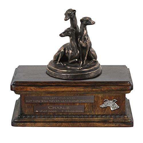 Art-Dog Custom Dog Sitting Statue Memorial Urn - Handmade Cold Cast Bronze on Birch Base – Sturdy and Stylish Urn for Dog’s Ashes – 8.3x11.4x8.7 – 5l – Whippets von Art-Dog