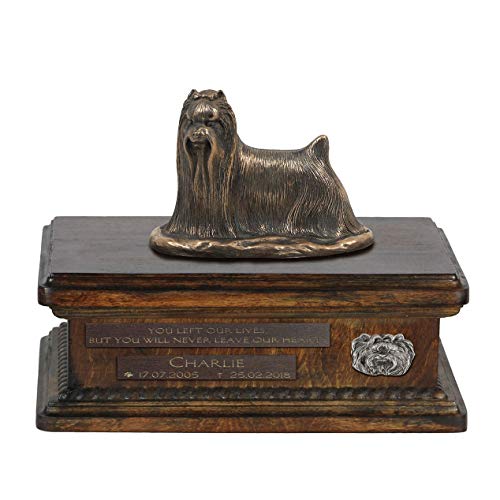 Art-Dog Custom Dog Sitting Statue Memorial Urn - Handmade Cold Cast Bronze on Birch Base – Sturdy and Stylish Urn for Dog’s Ashes – 8.3x11.4x8.7 – 5l – Yorkshire Terrier I von Art-Dog