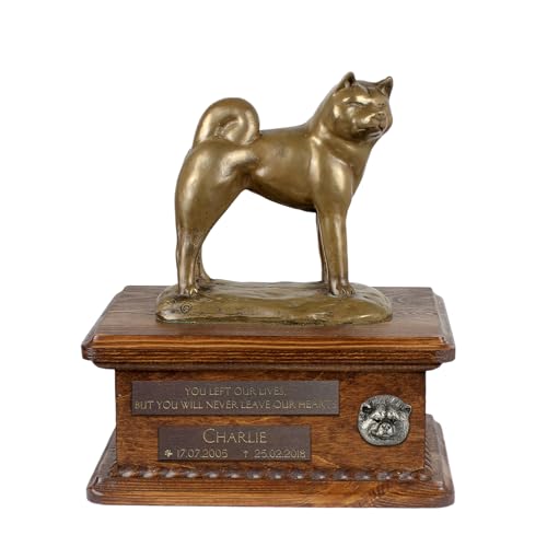 Art-Dog Custom Dog Sitzender Hund Statue Gedenkurne - Handgefertigte Kaltguss-Bronze auf Birke Basis - Urne für die Asche des Hundes - 8.3x11.4x8.7-5l - Akita Inu von Art-Dog