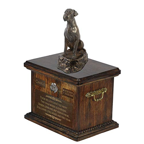 Art-Dog Custom Dog Sitzender Hund Statue Gedenkurne - Handgefertigte Kaltguss-Bronze auf Birke Basis - Urne für die Asche des Hundes - 8.3x11.4x8.7-5l - Boxer V von Art-Dog