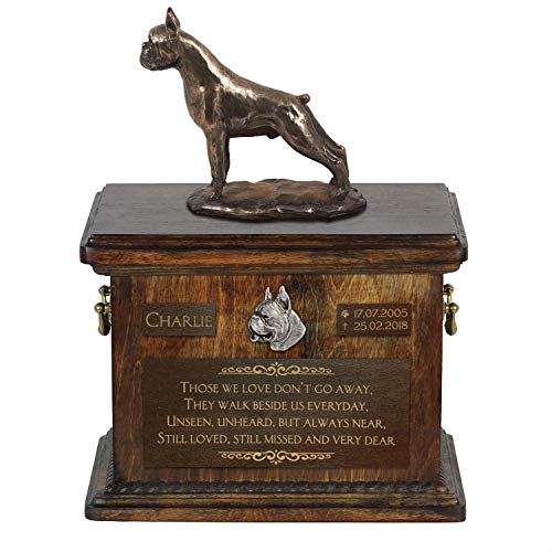 Art-Dog Custom Dog Sitzender Hund Statue Gedenkurne - Handgefertigte Kaltguss-Bronze auf Birke Basis - Urne für die Asche des Hundes - 8.3x11.4x8.7-5l - Boxer von Art-Dog