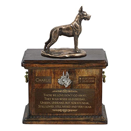 Art-Dog Custom Dog Sitzender Hund Statue Gedenkurne - Handgefertigte Kaltguss-Bronze auf Birke Basis - Urne für die Asche des Hundes - 8.3x11.4x8.7-5l - Deutsche Dogge von Art-Dog