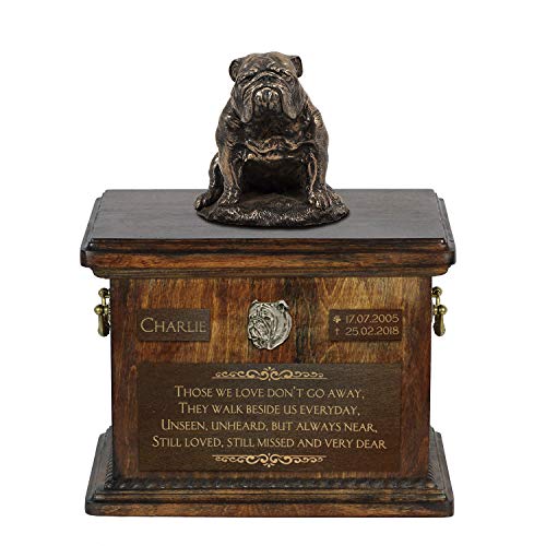 Art-Dog Custom Dog Sitzender Hund Statue Gedenkurne - Handgefertigte Kaltguss-Bronze auf Birke Basis - Urne für die Asche des Hundes - 8.3x11.4x8.7-5l - Englische Bulldogge III von Art-Dog