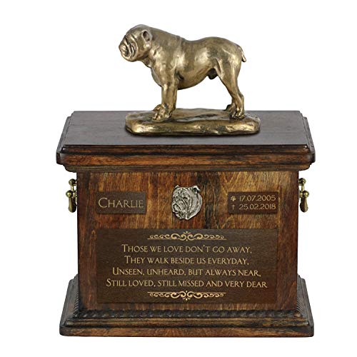 Art-Dog Custom Dog Sitzender Hund Statue Gedenkurne - Handgefertigte Kaltguss-Bronze auf Birke Basis - Urne für die Asche des Hundes - 8.3x11.4x8.7-5l - Englische Bulldogge VI von Art-Dog