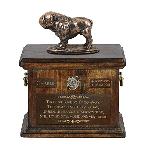 Art-Dog Custom Dog Sitzender Hund Statue Gedenkurne - Handgefertigte Kaltguss-Bronze auf Birke Basis - Urne für die Asche des Hundes - 8.3x11.4x8.7-5l - Englische Bulldogge von Art-Dog