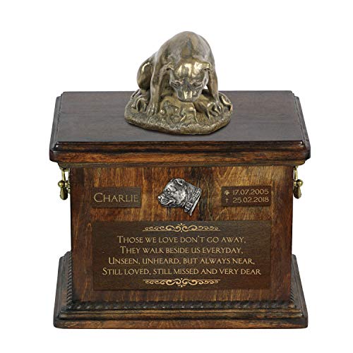 Art-Dog Custom Dog Sitzender Hund Statue Gedenkurne - Handgefertigte Kaltguss-Bronze auf Birke Basis - Urne für die Asche des Hundes - 8.3x11.4x8.7-5l - Englischer Staffordshire Terrier II von Art-Dog
