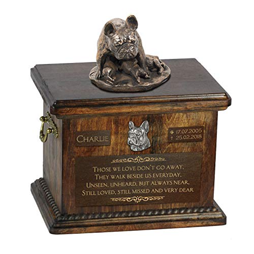 Art-Dog Custom Dog Sitzender Hund Statue Gedenkurne - Handgefertigte Kaltguss-Bronze auf Birke Basis - Urne für die Asche des Hundes - 8.3x11.4x8.7-5l - Französische Bulldogge II von Art-Dog
