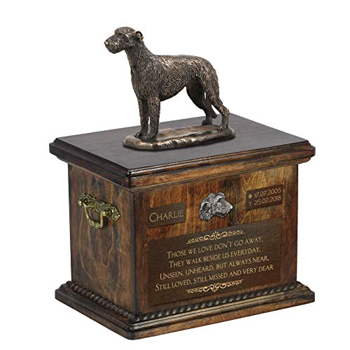 Art-Dog Custom Dog Sitzender Hund Statue Gedenkurne - Handgefertigte Kaltguss-Bronze auf Birke Basis - Urne für die Asche des Hundes - 8.3x11.4x8.7-5l - Irischer Wolfshund I von Art-Dog