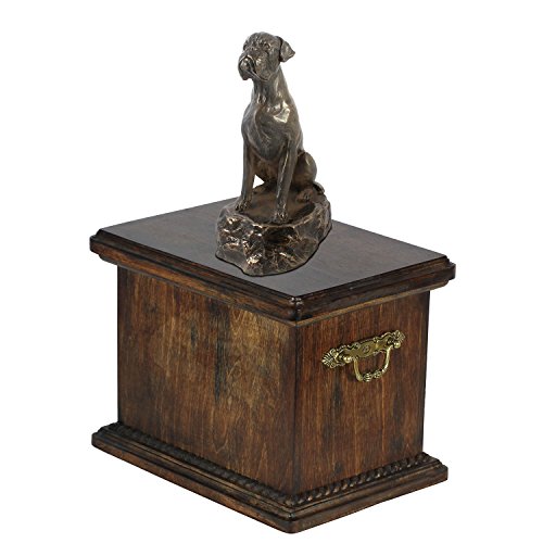 Art-Dog Custom Dog Sitzender Hund Statue Gedenkurne - Handgefertigte Kaltguss-Bronze auf Birkensockel - Robuste und stilvolle Urne für die Asche des Hundes - 29cmx21cmx38cm - Boxer ohne Abstieg von Art-Dog