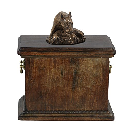 Art-Dog Custom Dog Sitzender Hund Statue Gedenkurne - Handgefertigte Kaltguss-Bronze auf Birkensockel - Robuste und stilvolle Urne für die Asche des Hundes - 29cmx21cmx38cm - Bullterrier (Mutter) von Art-Dog
