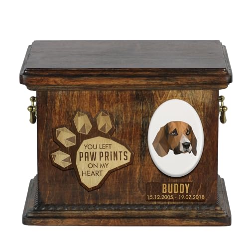 Art-Dog Custom Geometric Dog Memorial Urne - Handgefertigte Holzurne - Dekorativer Keramikteller - Maßgefertigte Hundeeinäscherungsbox für Asche - 8,3x11,4x8,7" - Beagle von Art-Dog